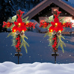 Load image into Gallery viewer, SOWSUN Solar Christmas Decorations Outdoor LED Lights, Xmas Waterproof Cross Stake, Cemetery Grave Decorations,Faux Pine Cones and Foliage Ornament Stakes for Garden Lawn Yard Cemetery, Set of 2