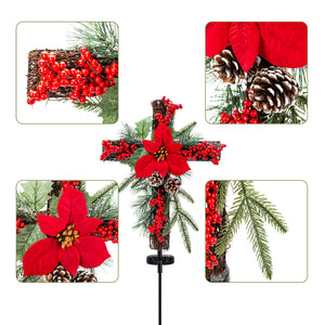 SOWSUN Solar Christmas Decorations Outdoor LED Lights, Xmas Waterproof Cross Stake, Cemetery Grave Decorations,Faux Pine Cones and Foliage Ornament Stakes for Garden Lawn Yard Cemetery, Set of 2