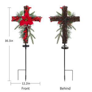 SOWSUN Solar Christmas Decorations Outdoor LED Lights, Xmas Waterproof Cross Stake, Cemetery Grave Decorations,Faux Pine Cones and Foliage Ornament Stakes for Garden Lawn Yard Cemetery, Set of 2