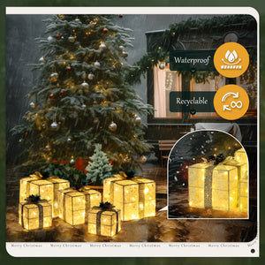 Large TISEJOY Christmas Lighted Gift Boxes 10"，Set of 3 Pre-lit 60 LED Warm White