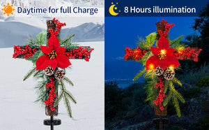 SOWSUN Solar Christmas Decorations Outdoor LED Lights, Xmas Waterproof Cross Stake, Cemetery Grave Decorations,Faux Pine Cones and Foliage Ornament Stakes for Garden Lawn Yard Cemetery, Set of 2