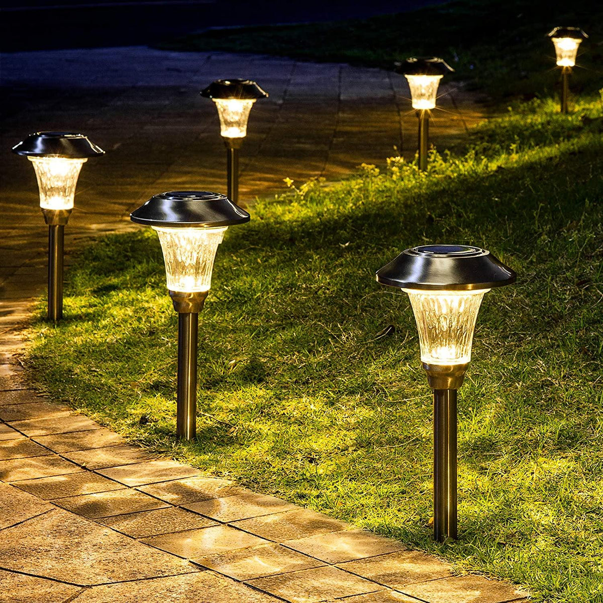 Gigalumi Solar Stainless Steel Path Lights - Glass Shade (Set of 8 ...